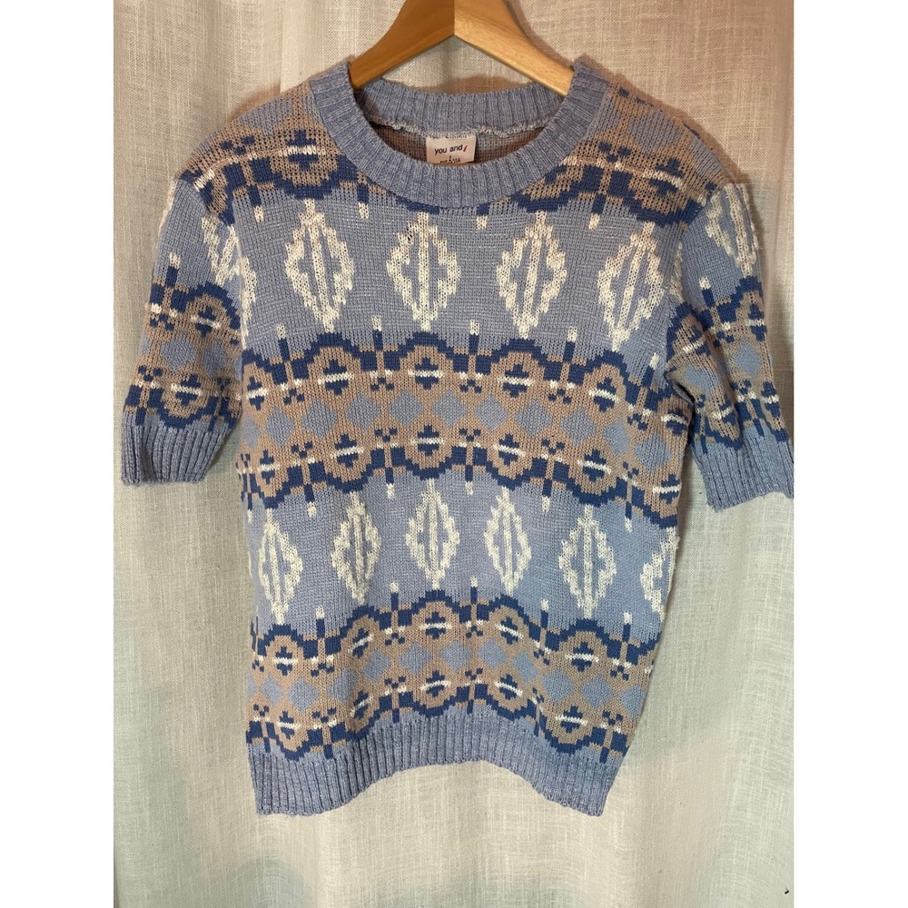 You and i Women Blue Tan Geometric Knit Short Sleeve Sweater Top Size S‎